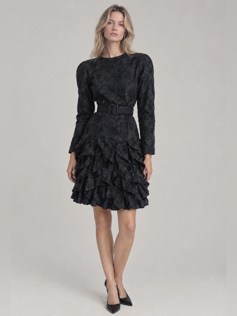 Vintage Point of View Silk Jacquard Tiered Ruffle Cocktail Dress Belted Sz 6